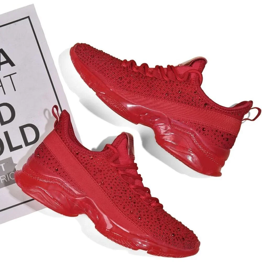 Women's Rhinestone Mesh Slip On Walking Breathable Glitter Red Sneaker Shoes
